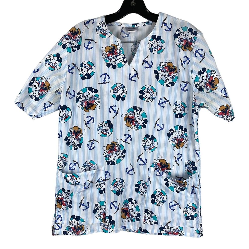 Disney Mickey and Minnie Sailor Anchor Nautical Design Scrubs Top Size XS EUC